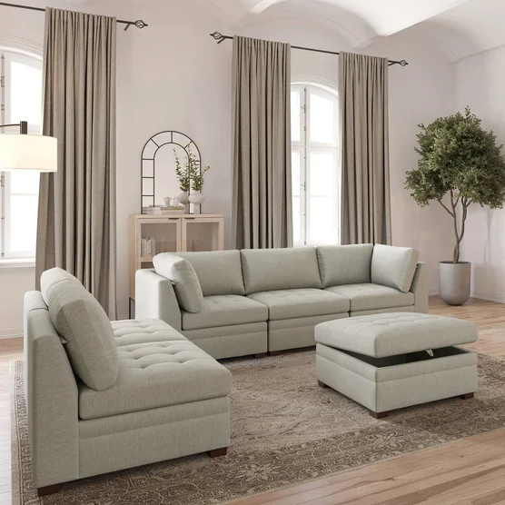 Thomasville Tisdale Modular Sectional 6-piece Beige with Storage Ottoman - Image 4