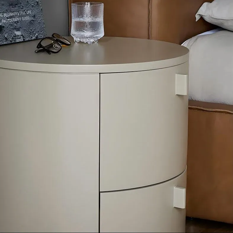 Cream Cylinder Nightstand – Modern Round Bedside Table with Storage in Matte Cream Finish - Image 4