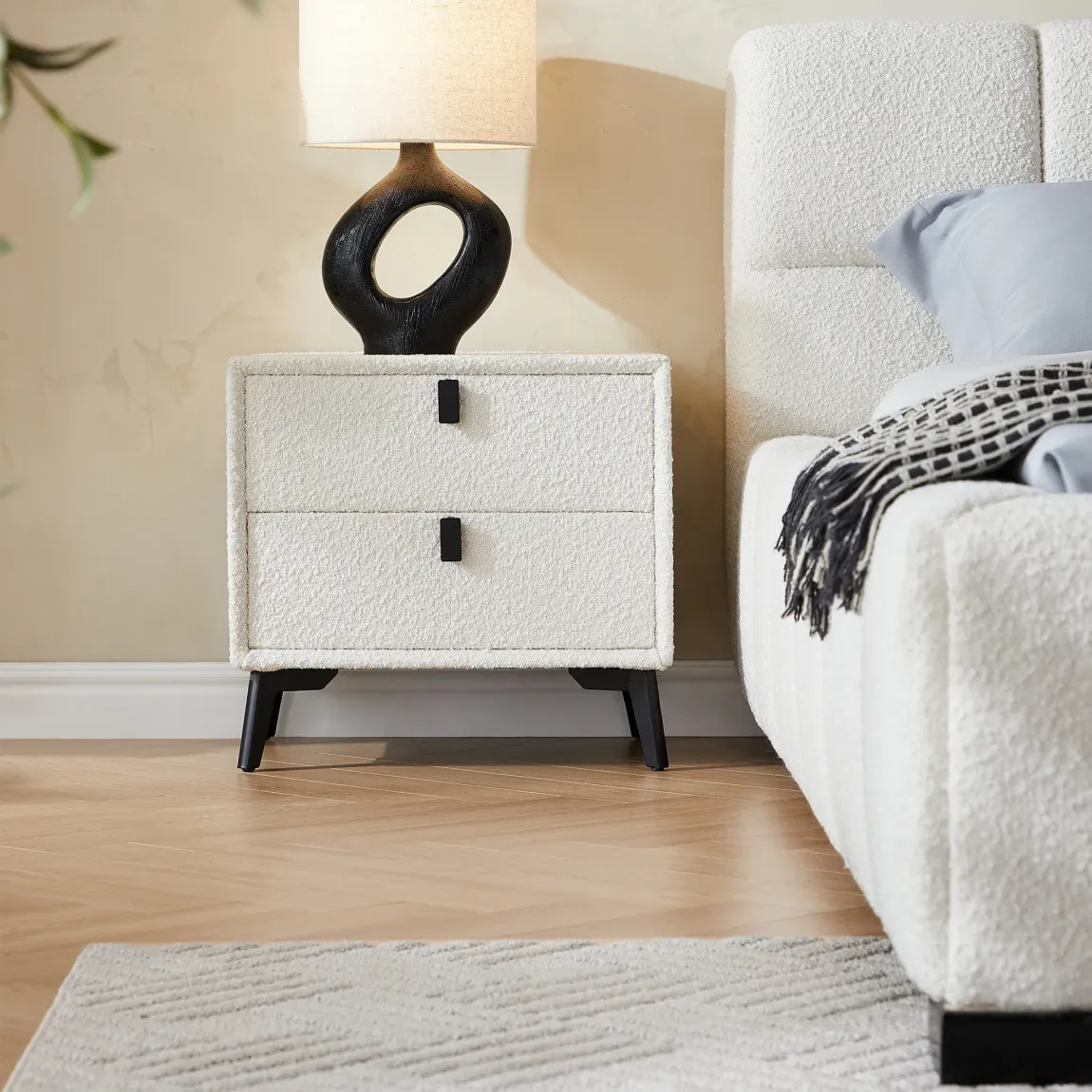 Cushy Boucle Fabric Nightstand – Soft-Touch Bedside Table with Drawer in Textured Bouclé Upholstery - Image 5