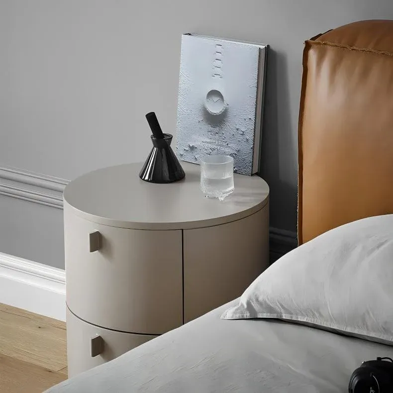 Cream Cylinder Nightstand – Modern Round Bedside Table with Storage in Matte Cream Finish - Image 3