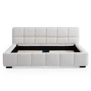 Cushy Boucle Fabric Bed – Contemporary Upholstered Platform Bed in Cream Bouclé with Padded Headboard