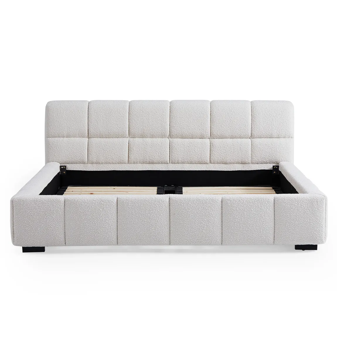 Cushy Boucle Fabric Bed – Contemporary Upholstered Platform Bed in Cream Bouclé with Padded Headboard