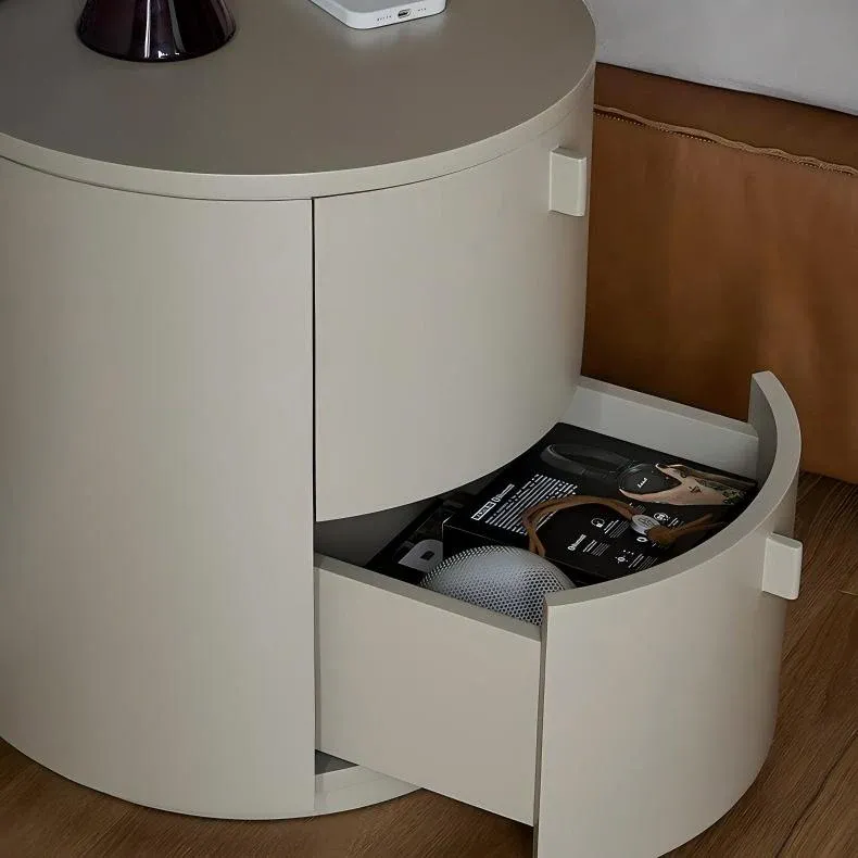 Cream Cylinder Nightstand – Modern Round Bedside Table with Storage in Matte Cream Finish - Image 5