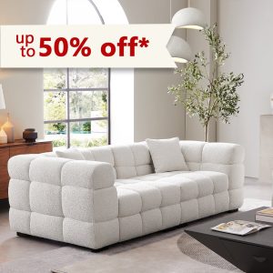 Cushy White Boucle Fabric Tufted Sofa – Ultra-Soft Cloud Sofa with Deep Seats and Textured Finish