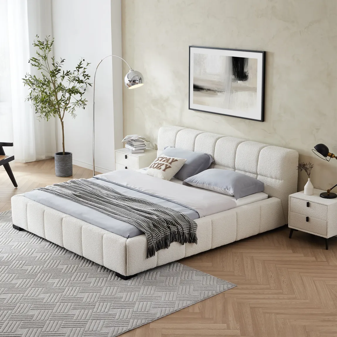 Cushy Boucle Fabric Bed – Contemporary Upholstered Platform Bed in Cream Bouclé with Padded Headboard - Image 5