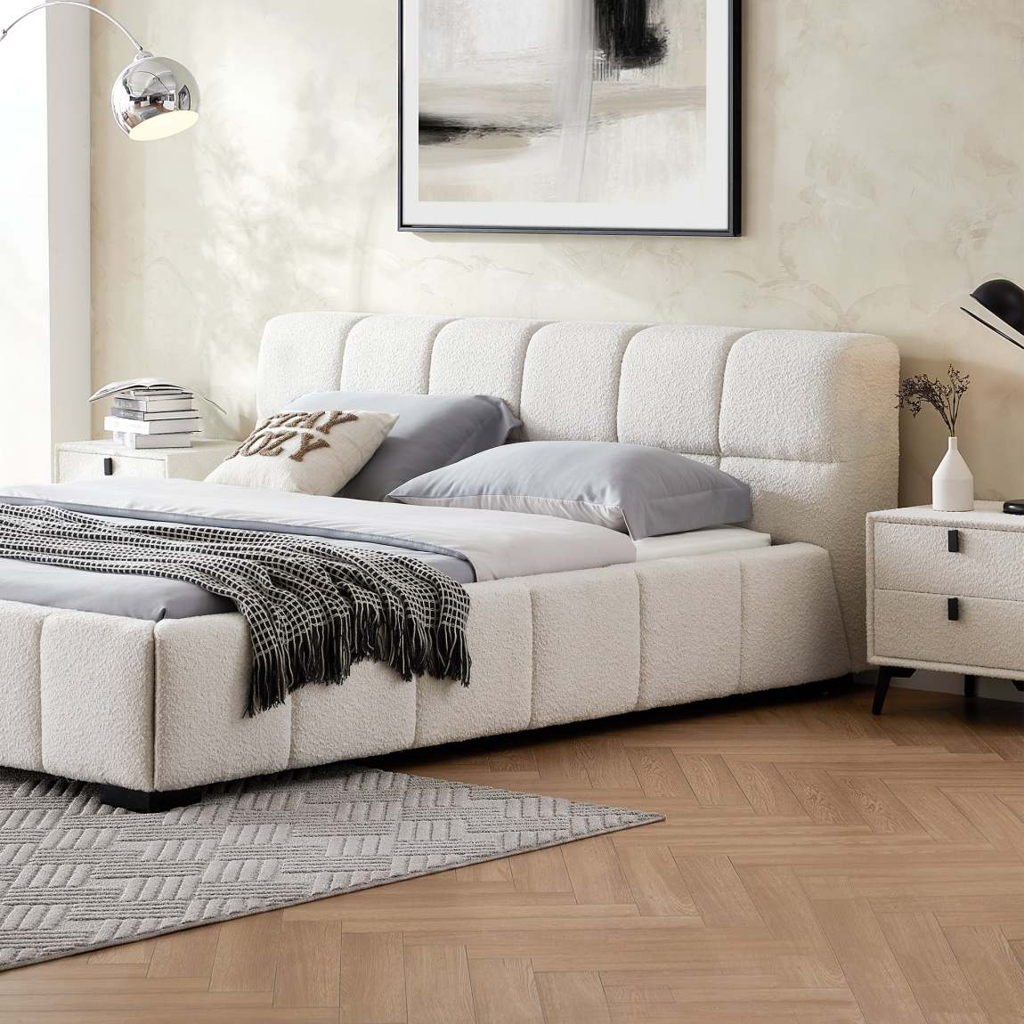 Cushy Boucle Fabric Bed – Contemporary Upholstered Platform Bed in Cream Bouclé with Padded Headboard - Image 6
